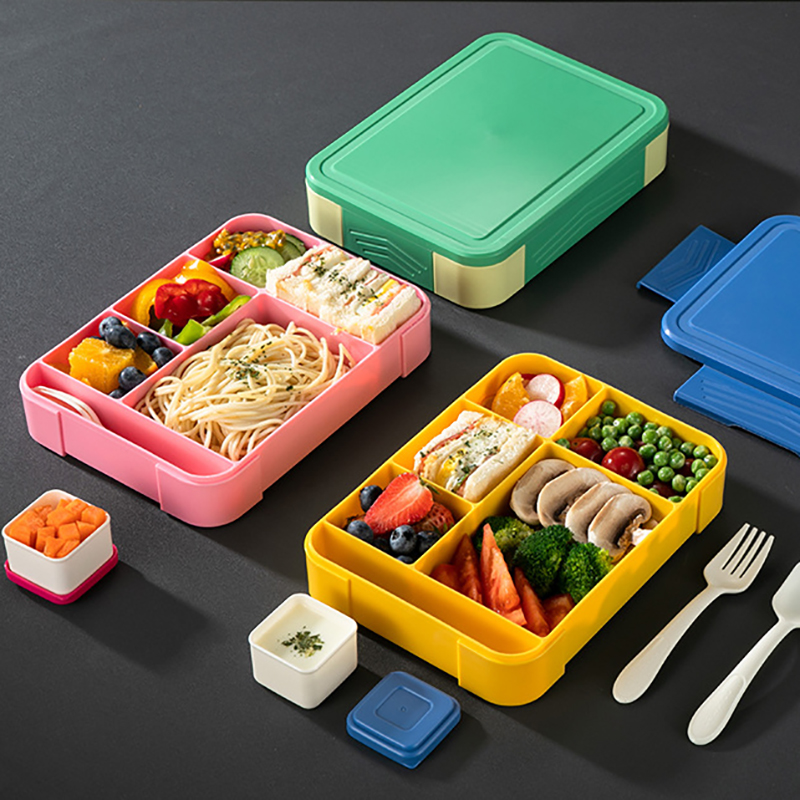Box Microwave Safe 5 Compartments Reusable Plastic Bento Kids Lunch Boxes With Cutlery