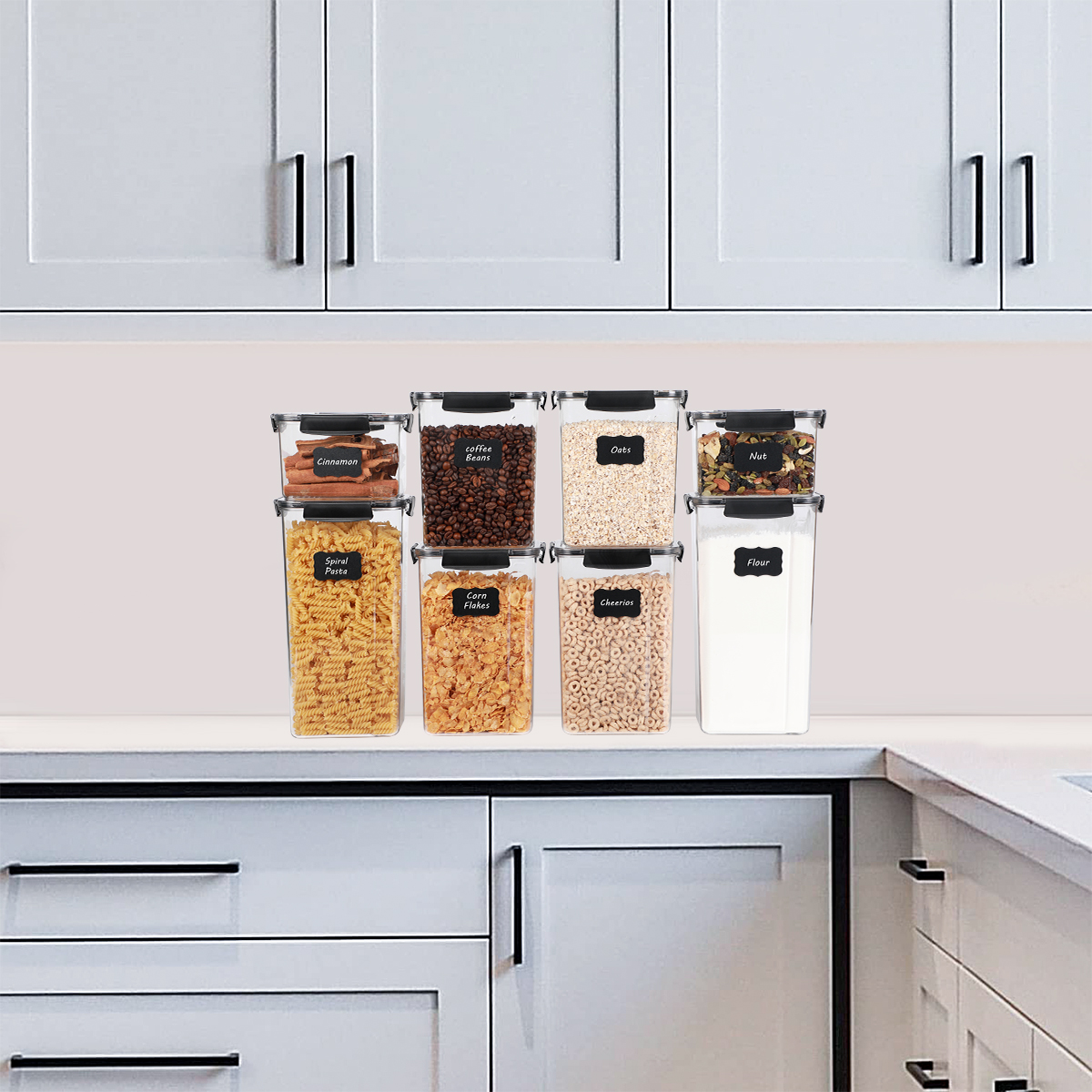 8 Pack White Lids Kitchen Cereal Organizer Airtight Storage Container Set