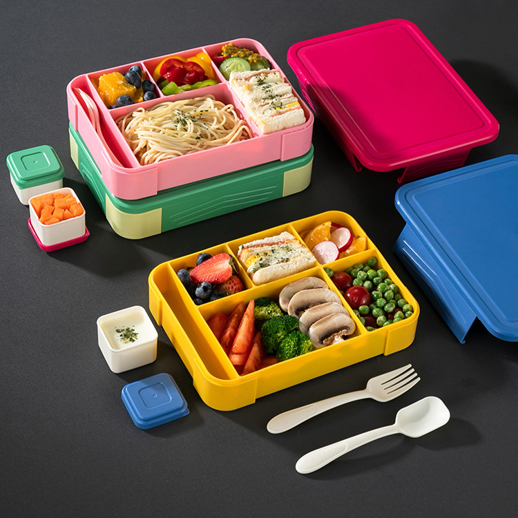 Box Microwave Safe 5 Compartments Reusable Plastic Bento Kids Lunch Boxes With Cutlery